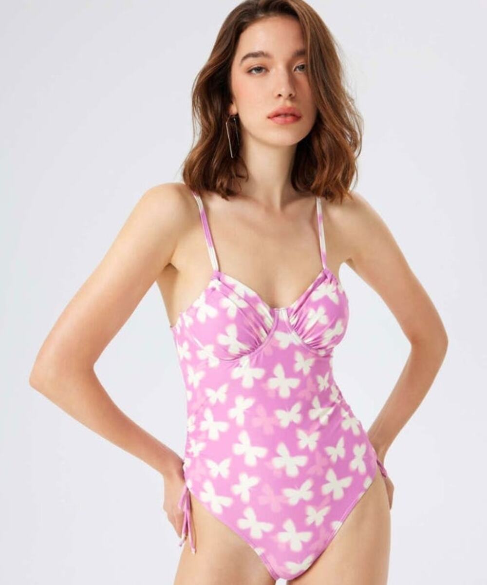 NWT Cider Butterfly Print Drawstring Underwire One Piece Swimsuit Size L